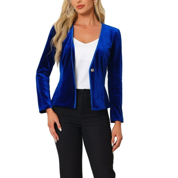 INSPIRE CHIC Blazaer for Women's Long Sleeve Office Collarless 1 Button Velvet Blazer XS Royal Blue
