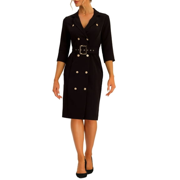 INSPIRE CHIC Blazer Dress for Women's Double Breasted Lapel Belted Work Midi Dresses Black XS