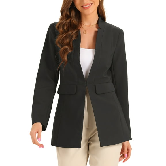 INSPIRE CHIC Business Blazers for Women's Stand Collar Long Sleeve Mid Suit Jackets Black M