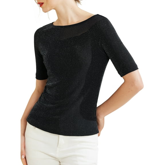 INSPIRE CHIC Boat Neck Top for Women's Stretchy Half Sleeve Mesh Casual Elegant Tops