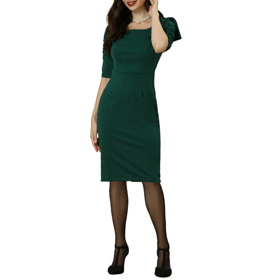 INSPIRE CHIC Bodycon Bow Ruffle Dress for Women's Business Casual Square Neck 3/4 Sleeve Pencil Dress XS Deep Green