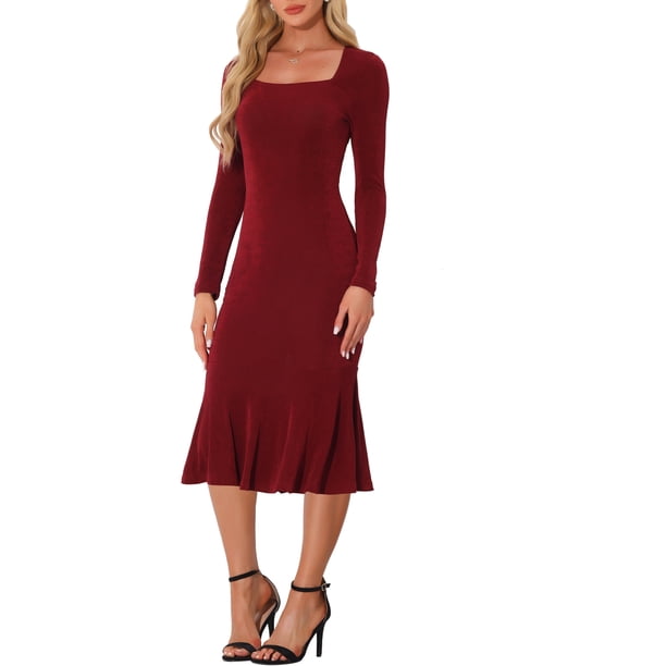 chic club dresses INSPIRE Bodycon for Women's Square Neck Long Sleeve Party Dress M Wine Red Easy Christmas Staircase Decorating