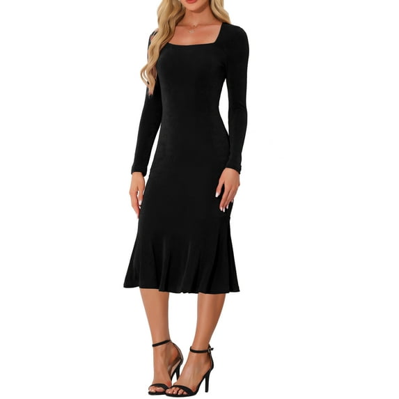 INSPIRE CHIC Bodycon Dresses for Women's Square Neck Long Sleeve Party Club Dress M Black