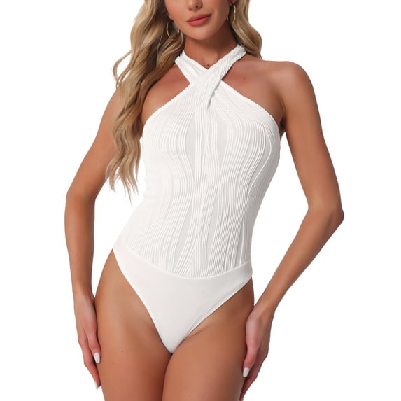 INSPIRE CHIC Bodysuits for Women's Halter V Neck Sleeveless Top Romper M White