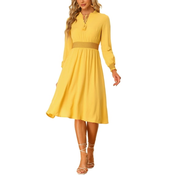 INSPIRE CHIC Boho Dress for Women's Ruffle Neck Smocked Waist Long Sleeve Summer Midi Dress Yellow XS