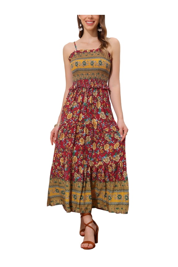 Women's Boho Floral Sleeveless Smocked Spaghetti Strap Tiered Maxi Dress M Red