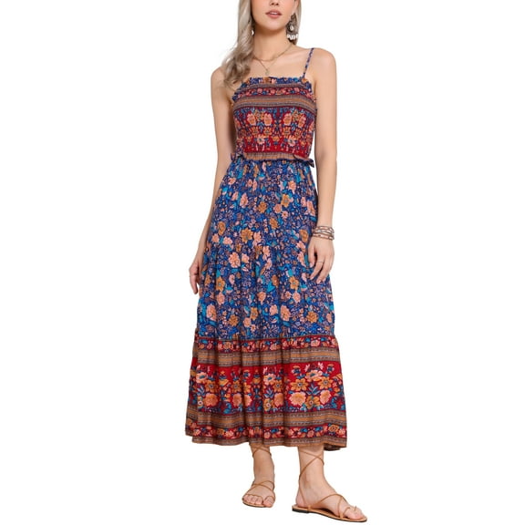 INSPIRE CHIC Women's Boho Floral Smocked Spaghetti Strap Tiered Maxi Dress S Red Blue