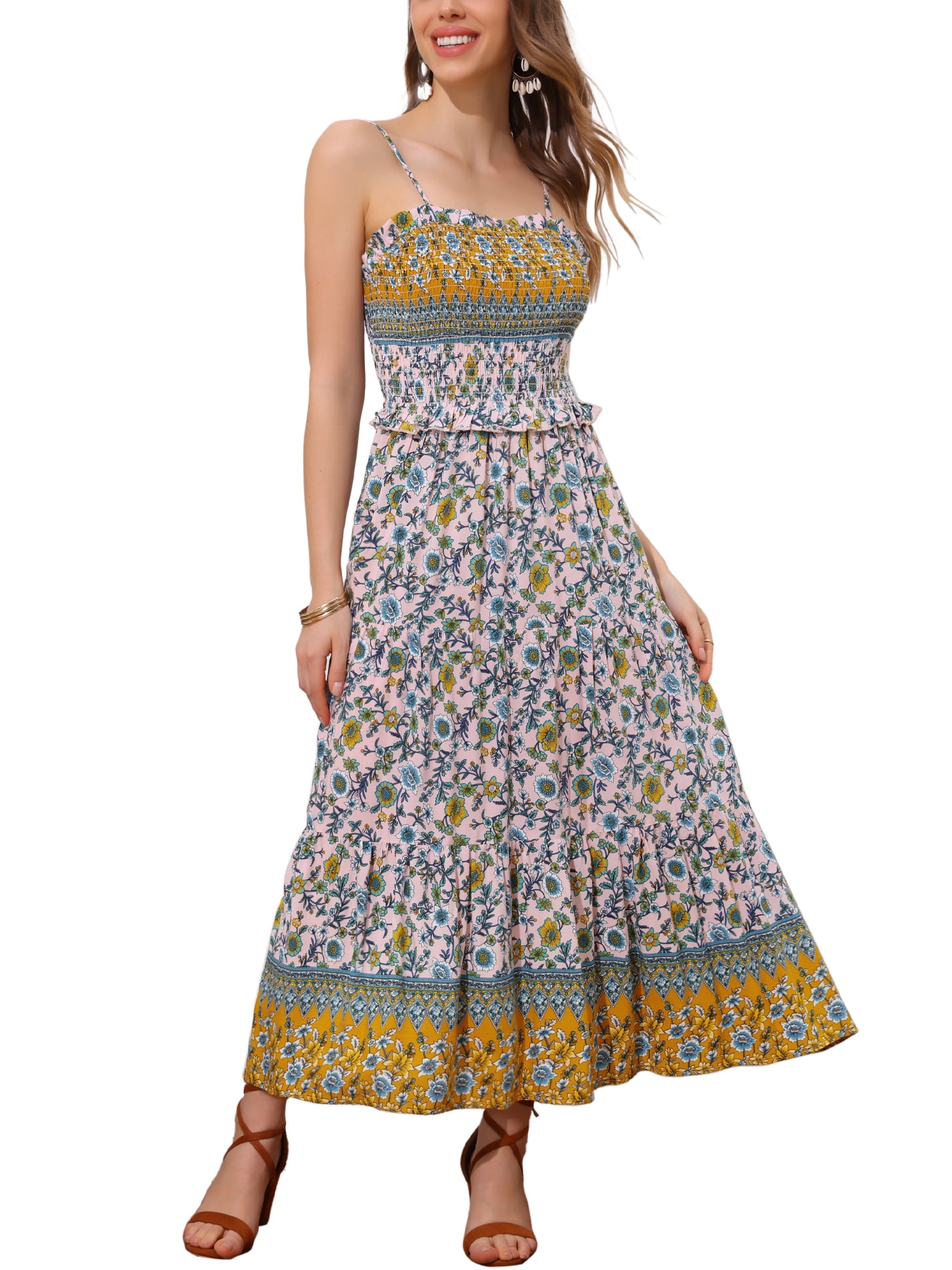 INSPIRE CHIC Women's Boho Floral Maxi Dress Sleeveless Smocked Waist ...