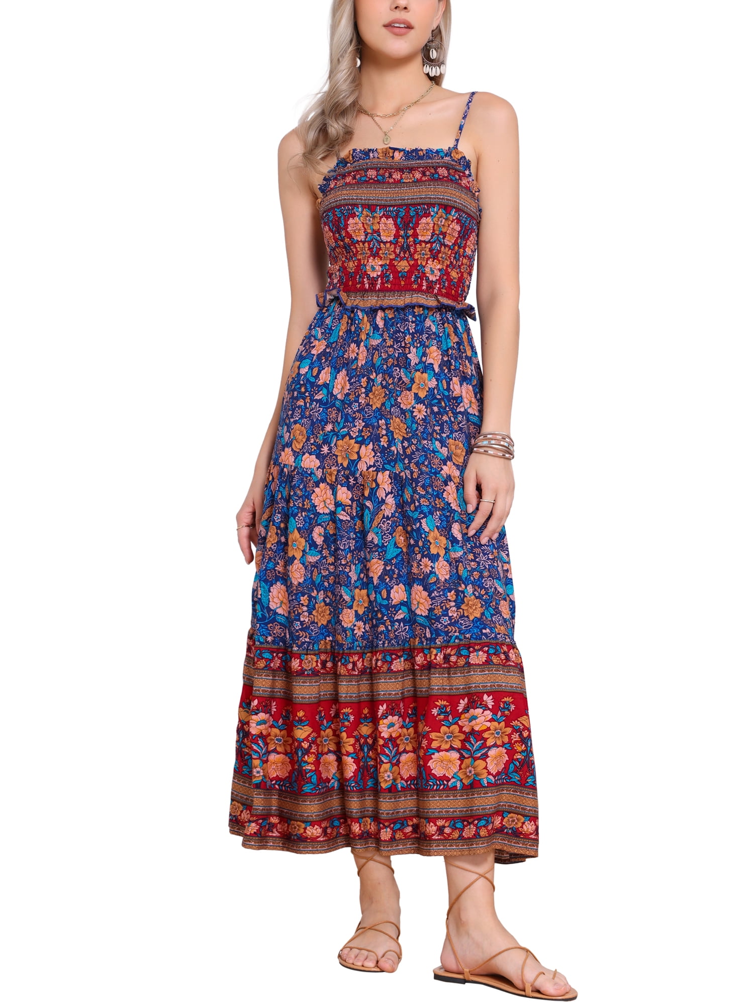 INSPIRE CHIC Women's Boho Floral Sleeveless Smocked Spaghetti Strap Tiered Maxi  Dress XL Red Blue - Walmart.com