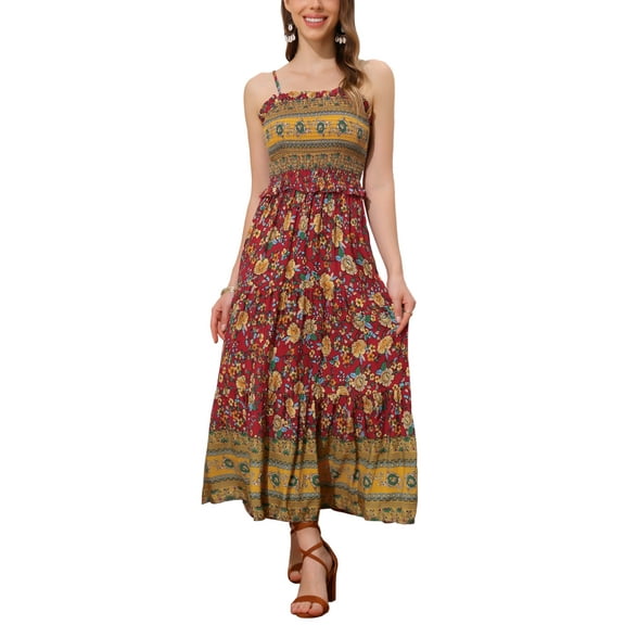 INSPIRE CHIC Women's Boho Floral Smocked Spaghetti Strap Tiered Maxi Dress XS Red