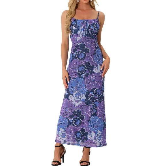 INSPIRE CHIC Boho Floral Print Dresses for Women's Sleeveless Spaghetti Strap Maxi Dress M Purple Blue