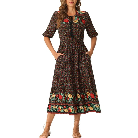 INSPIRE CHIC Women's Boho Floral Drawstring V Neck Short Sleeve Midi Dress XS Black