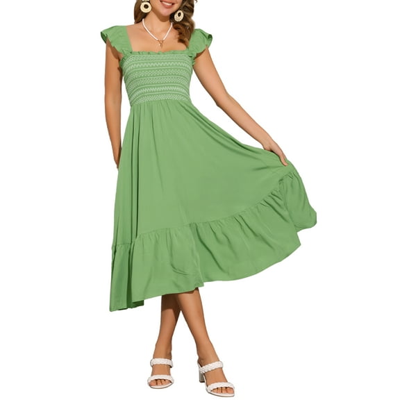 INSPIRE CHIC Women's Sundress Square Neck Ruffle Tiered Boho Midi Dress L Dark Green