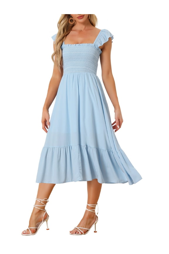 Women's Sundress Square Neck Ruffle Tiered Boho Midi Dress L Light Blue