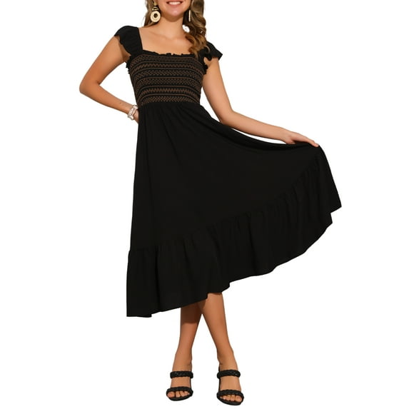 INSPIRE CHIC Women's Sundress Square Neck Ruffle Tiered Boho Midi Dress M Black