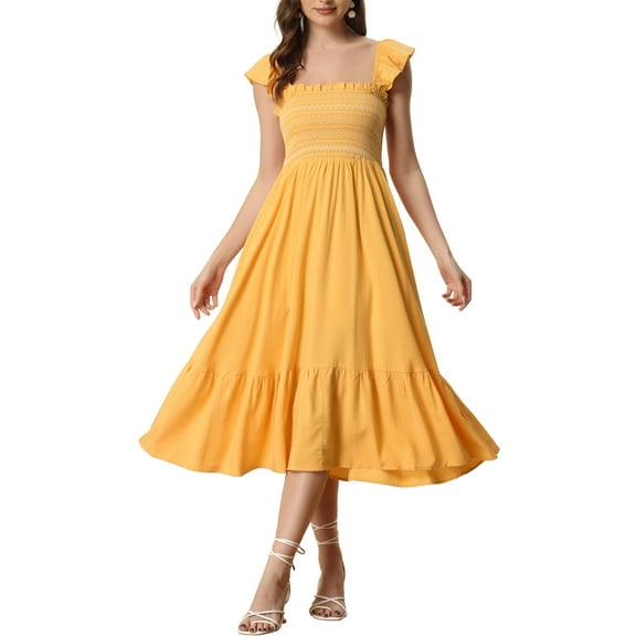 INSPIRE CHIC Women's Sundress Square Neck Ruffle Tiered Boho Midi Dress M Yellow