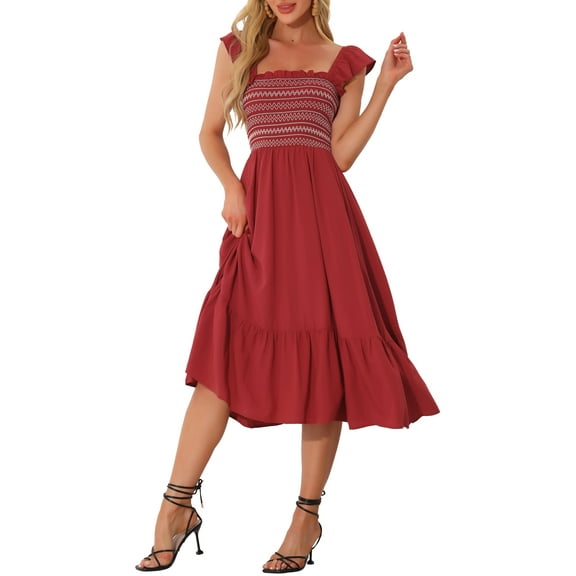 INSPIRE CHIC Women's Sundress Square Neck Ruffle Tiered Boho Midi Dress S Burgundy