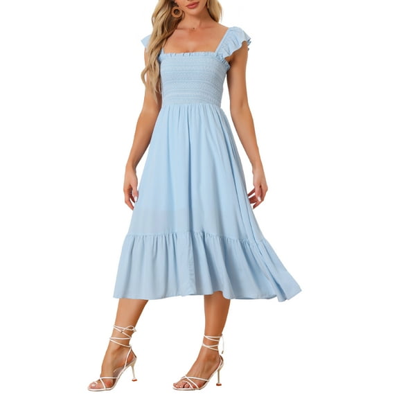 INSPIRE CHIC Women's Sundress Square Neck Ruffle Tiered Boho Midi Dress XS Light Blue