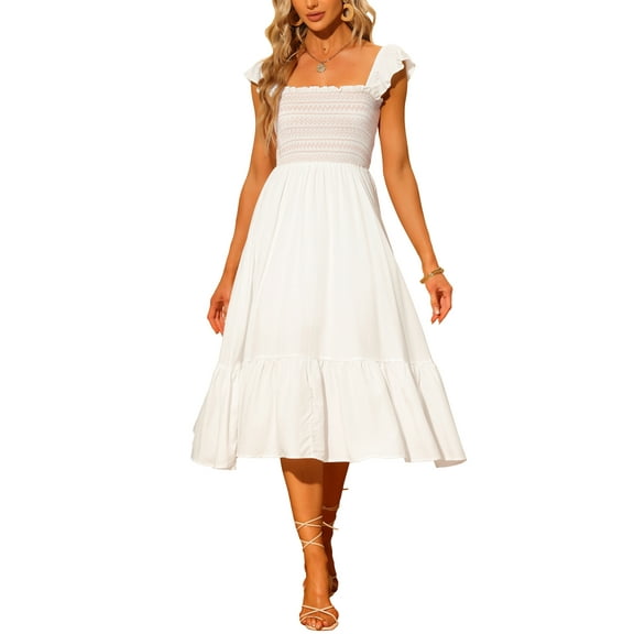 INSPIRE CHIC Women's Sundress Square Neck Ruffle Tiered Boho Midi Dress XS White