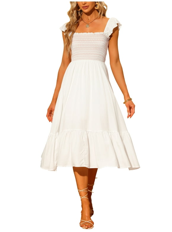 Women's Sundress Square Neck Ruffle Tiered Boho Midi Dress XS White
