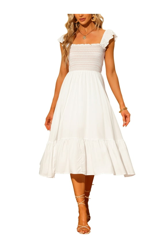 Women's Sundress Square Neck Ruffle Tiered Boho Midi Dress XS White