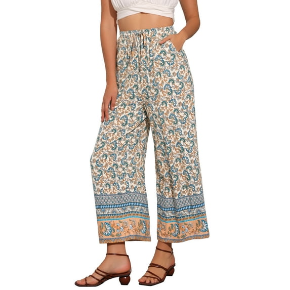 INSPIRE CHIC Women's Boho Floral Pants Beach Elastic Waist Palazzo Wide Leg Trouser with Pockets XL Beige