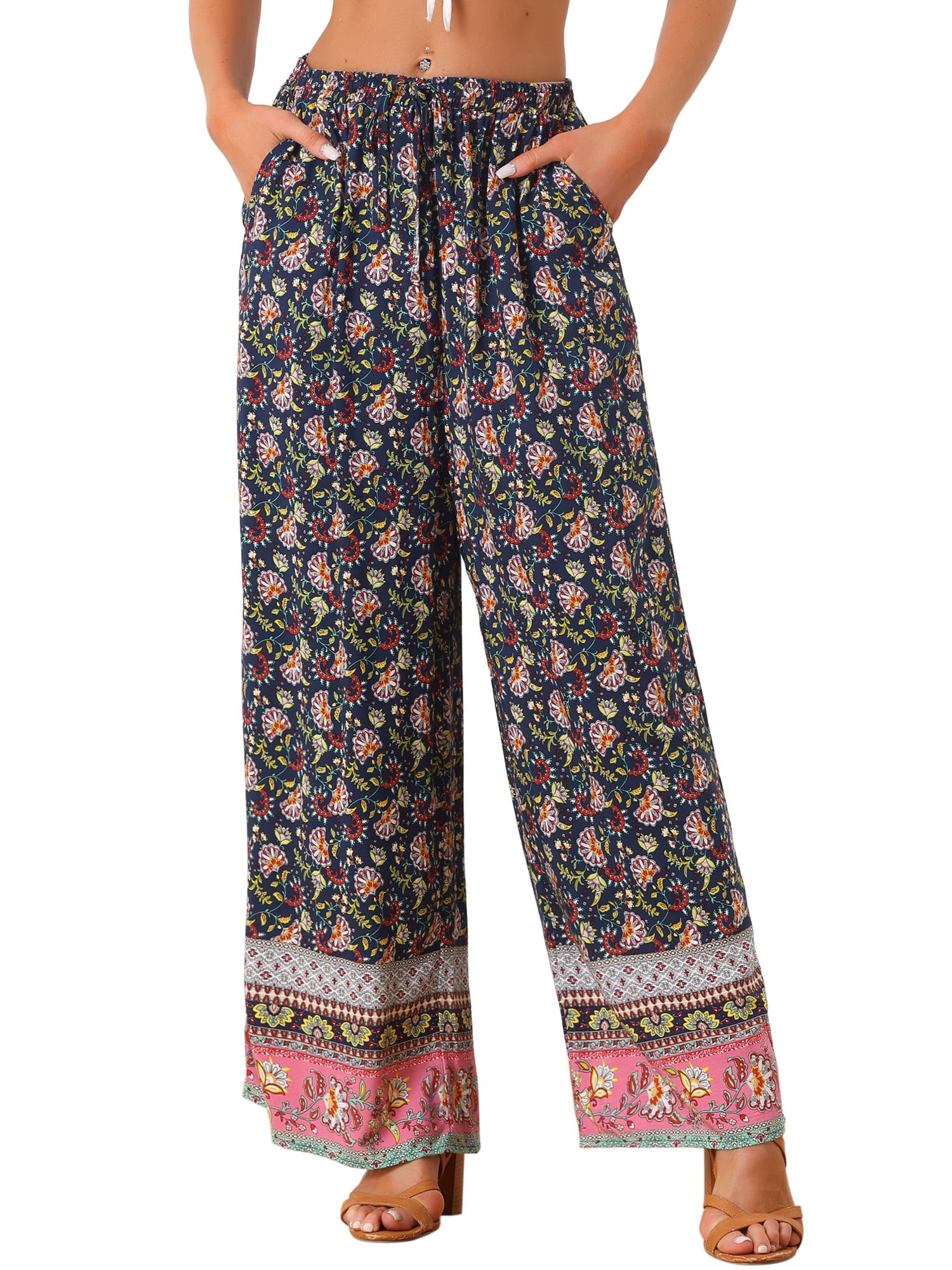 Boho Print Wide Leg Pants Elastic Waist Tie Trousers main image 1