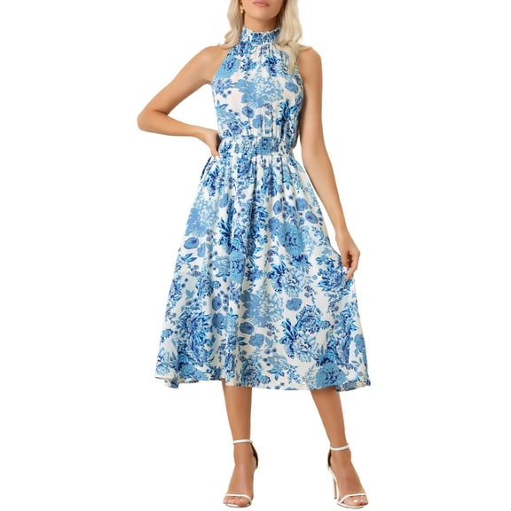 INSPIRE CHIC Boho Summer Dress for Women's Halter Neck Sleeveless Casual Floral Print Sundress Midi Dresses