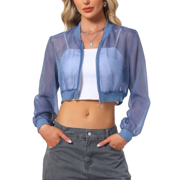 INSPIRE CHIC Bomber Crop Jacket for Women's Sheer Mesh Lightweight Long Sleeve Jackets M Blue Gray
