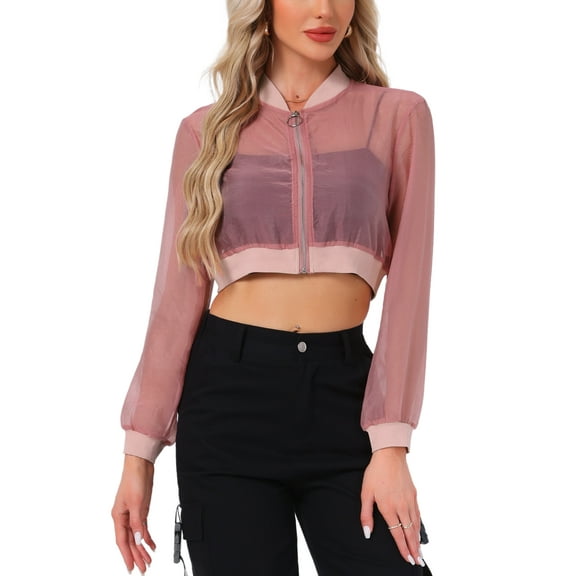INSPIRE CHIC Bomber Crop Jacket for Women's Sheer Mesh Lightweight Long Sleeve Jackets S Dark Pink