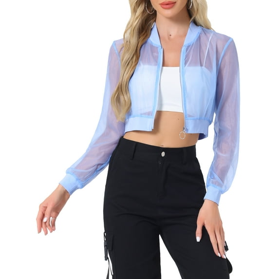 INSPIRE CHIC Bomber Crop Jacket for Women's Sheer Mesh Lightweight Long Sleeve Jackets S Light Blue