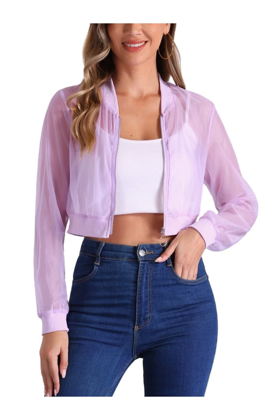 Bomber Crop Jacket for Women's Sheer Mesh Lightweight Long Sleeve Jackets XL Light Purple
