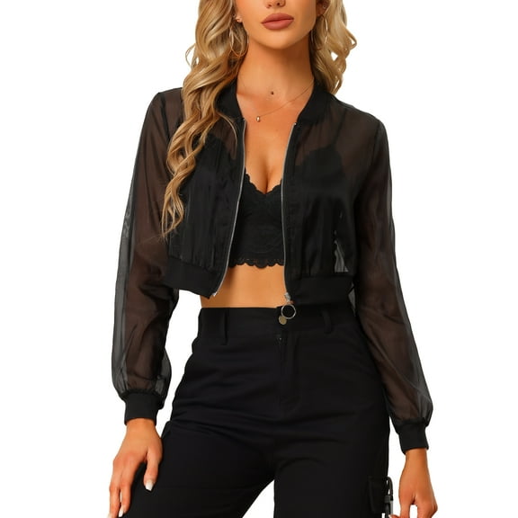 INSPIRE CHIC Bomber Crop Jacket for Women's Sheer Mesh Lightweight Long Sleeve Jackets XS Black