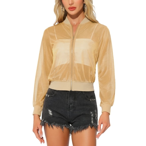 INSPIRE CHIC Bomber Jacket for Women's Sheer Mesh Glitter Shiny Long Sleeve Zip Up Jackets M Khaki