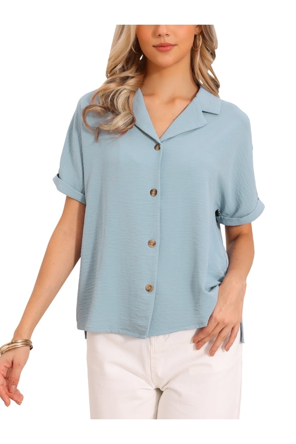 Business Casual Blouses for Women's Dressy Casual V Neck Short Sleeve Button Down Shirts Relaxed Work Tops XS Blue