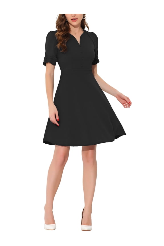 Business Dress for Women's Sweetheart Neck Pleated Short Sleeve A-Line Sheath Dress XS Black