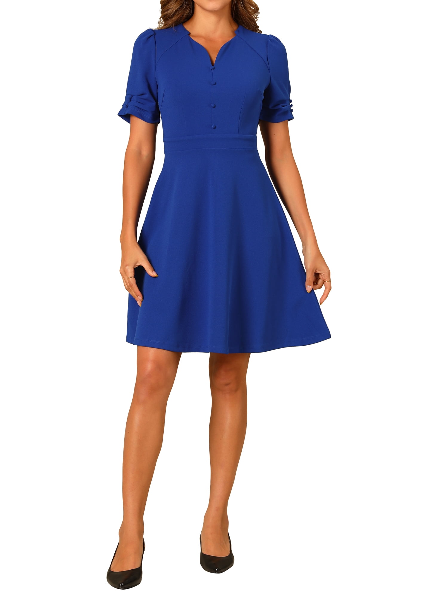 Inspire Chic Business Dress for Women's Sweetheart Neck Pleated Short Sleeve A-Line Sheath Dress XS Blue
