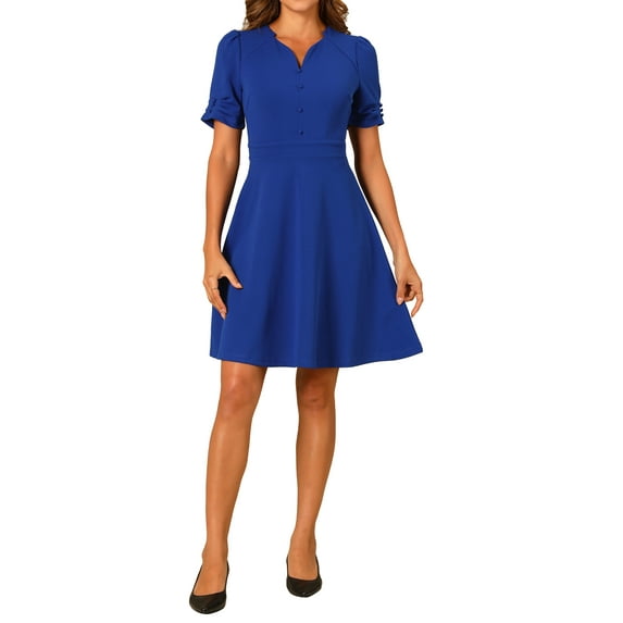 INSPIRE CHIC Business Dress for Women's Sweetheart Neck Pleated Short Sleeve A-Line Sheath Dress M Blue
