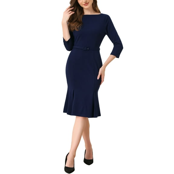 INSPIRE CHIC Women's Dress Boat Neck Half Sleeve Pleated Work Elegant Midi Dress M Dark Blue