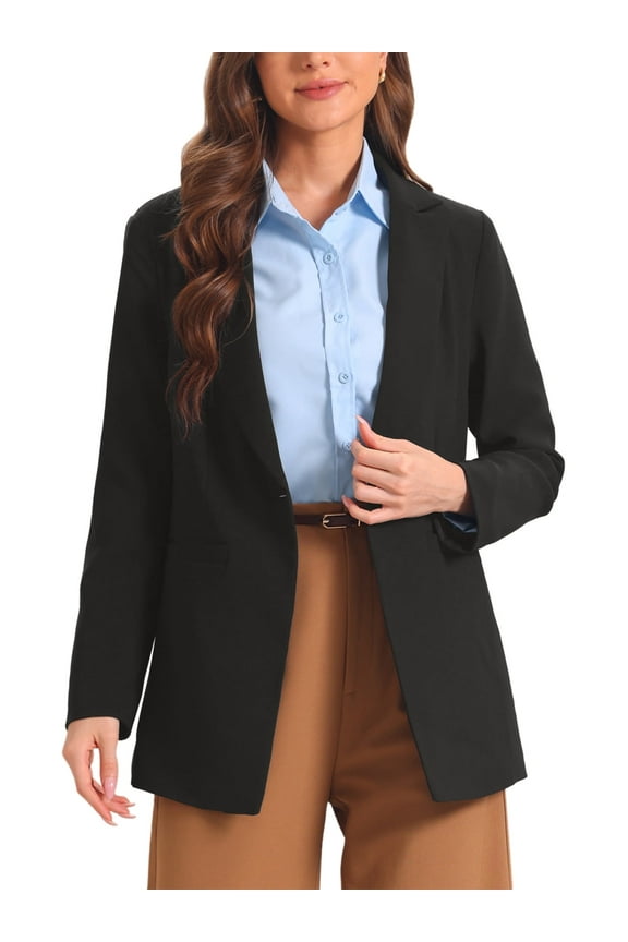 Women's Notched Lapel Collar One Button Office Suit Jacket Blazers S Black