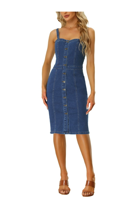 Women's Denim Dresses Button Down Sleeveless Sweetheart Neck Midi Jean Dresses M Blue