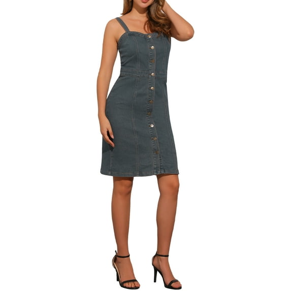 INSPIRE CHIC Women's Denim Dresses Button Down Sleeveless Sweetheart Neck Midi Jean Dresses M Vintage Blue