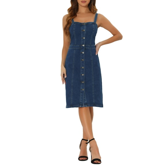INSPIRE CHIC Women's Denim Dresses Button Down Sleeveless Sweetheart Neck Midi Jean Dresses XL Dark Blue