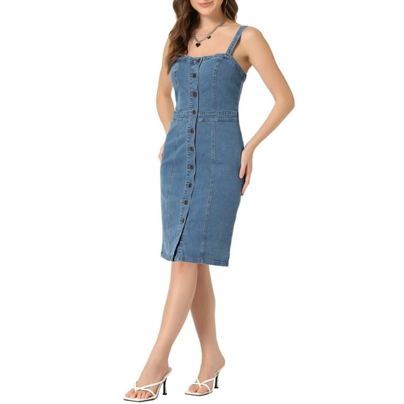 INSPIRE CHIC Women's Denim Dresses Button Down Sleeveless Sweetheart Neck Midi Jean Dresses XL Light Blue