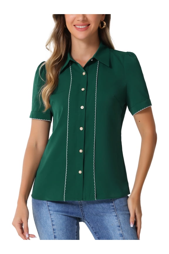 Button Down Shirt for Women's Collared Contrast Trim Puff Short Sleeve Blouse S Dark Green