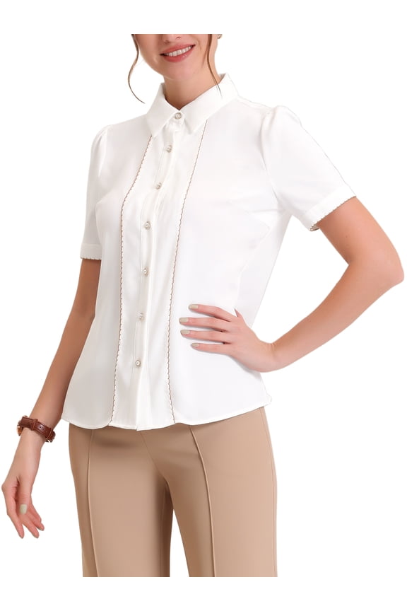 Button Down Shirt for Women's Collared Contrast Trim Puff Short Sleeve Blouse XL White