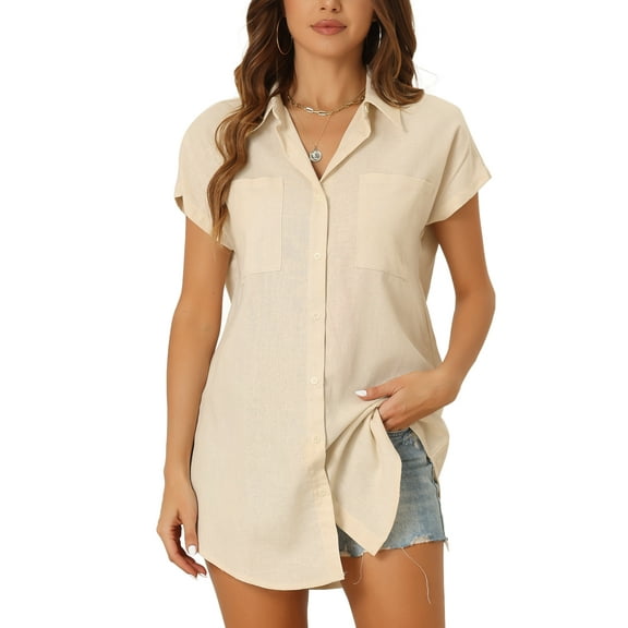 INSPIRE CHIC Button Down Shirt for Women's Office Casual V Neck Pockets Short Sleeve Blouse Tops Apricot XS