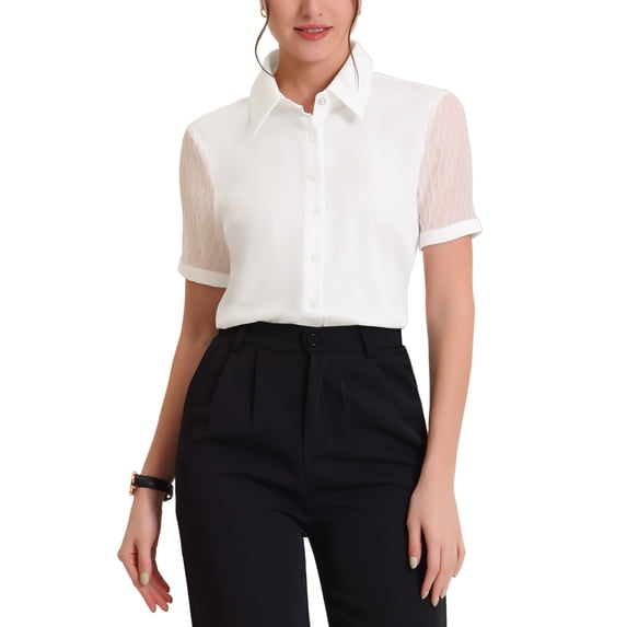 INSPIRE CHIC Edition Button Down Shirt for Women's Sheer Short Sleeve Point Collar Work Tops L White