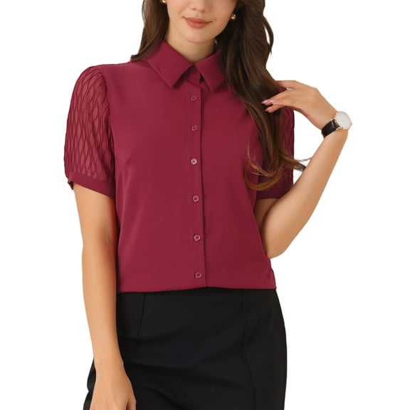 INSPIRE CHIC Button Down Shirt for Women's Sheer Short Sleeve Point Collar Work Tops L Wine Red
