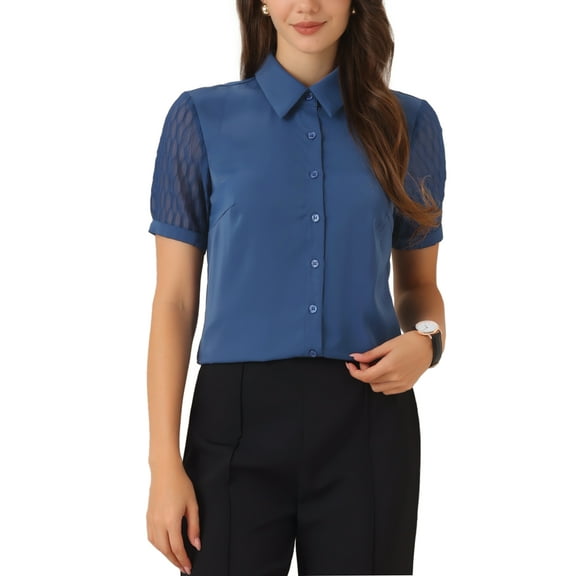INSPIRE CHIC Button Down Shirt for Women's Sheer Short Sleeve Point Collar Work Tops S Dark Blue